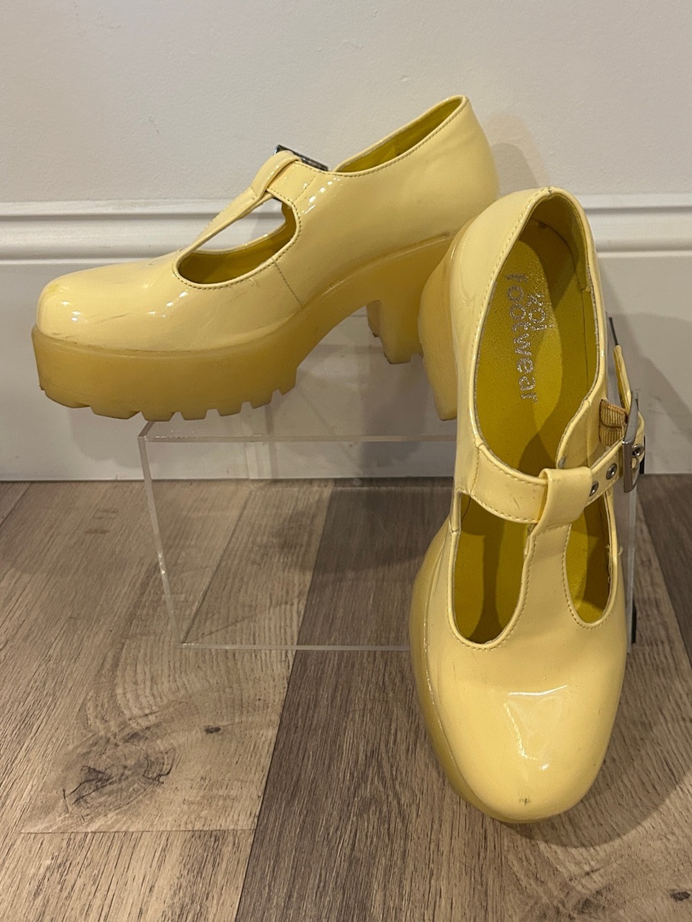 Koi Footwear Patent T-Strap Platform Heels in Pale Yellow size 37